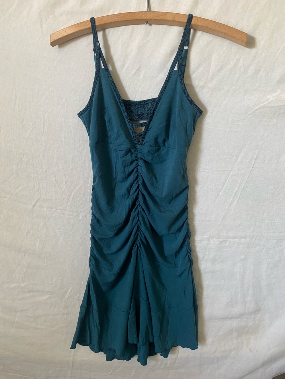 New Nomads Hemp Wear Teal Ruched Mini Dress with V-Neck - Small